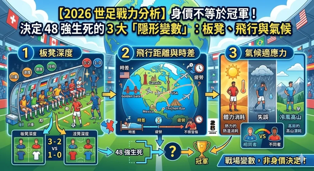 2026世足戰力分析圖解，說明板凳深度、飛行距離與氣候適應三大隱形變數