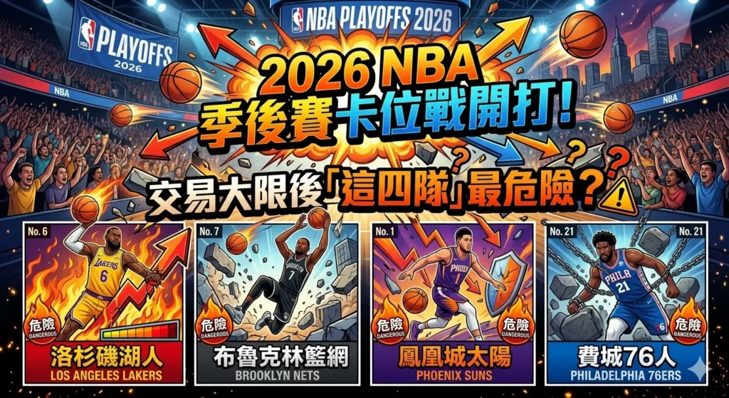 2026 NBA 季後賽卡位戰資訊圖，呈現交易後球隊排名變動與四隊競爭局勢