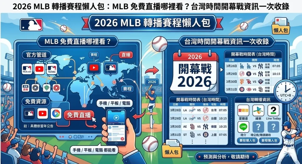 2026MLB轉播賽程懶人包圖解包含免費直播管道與台灣時間開幕戰資訊