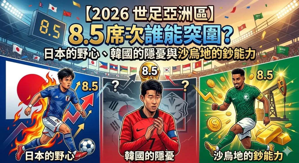 2026世足亞洲區8.5席次示意圖，展示日本、韓國與沙烏地在資格賽競逐局勢